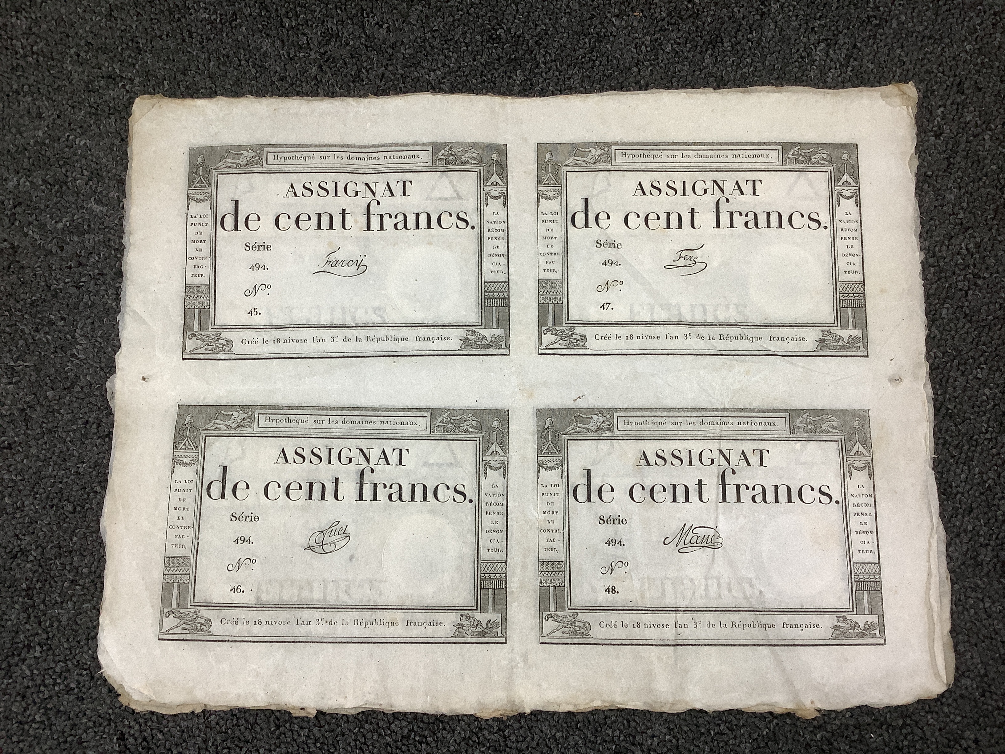 French Revolutionary banknotes, Republic Francaise, seventeen uncut sheets of Assignat notes to include